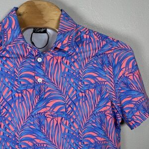Sunday Swagger Polo Shirt Mens Large Golf Coral Blue Tropical Leaf Performance